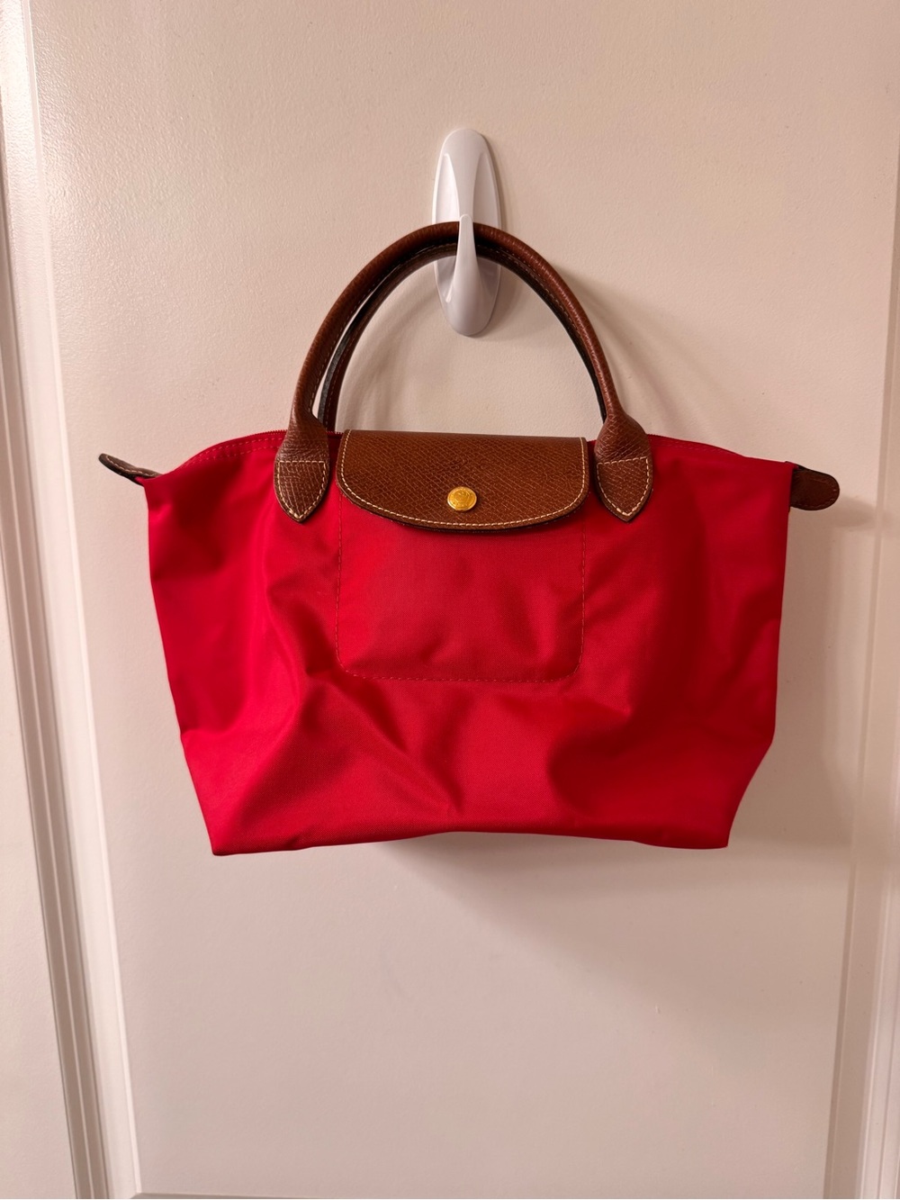 Longchamp Original S Handbag Red Nylon with Brown Leather Trim